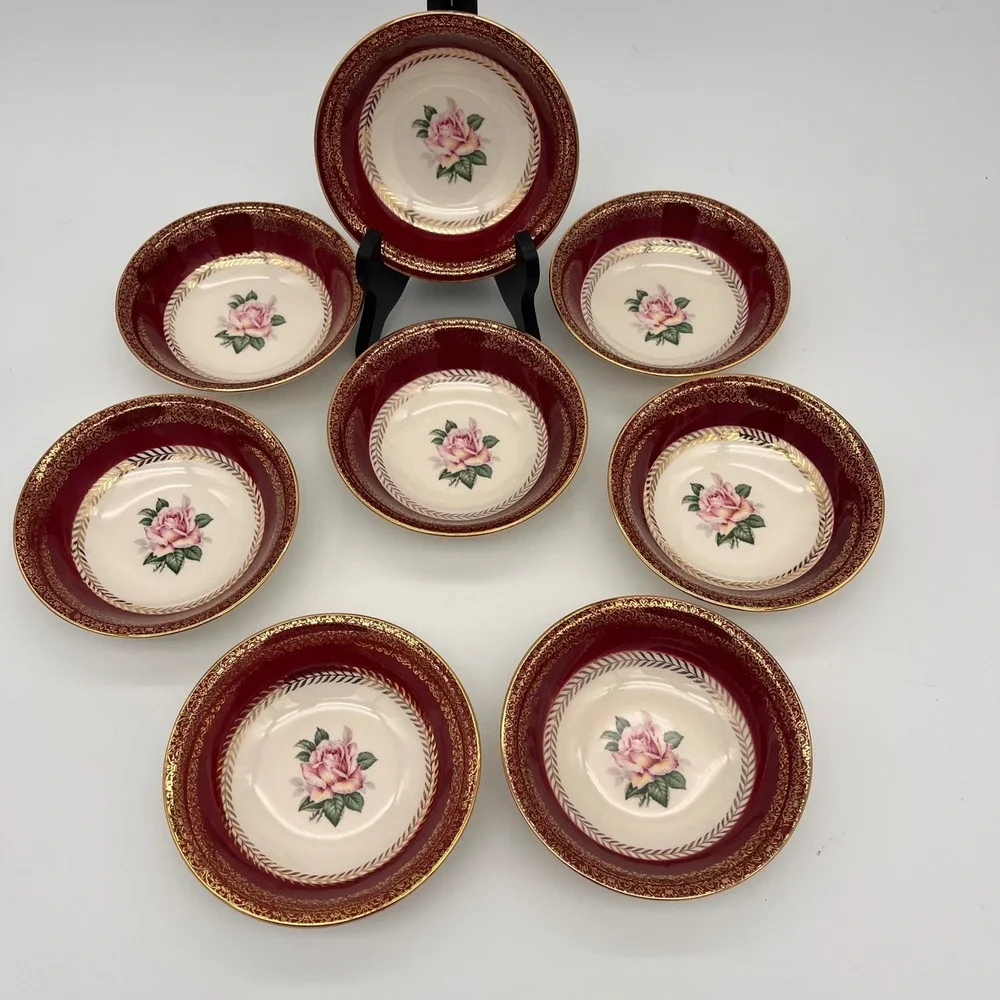 8 Piece Set Homer Laughlin Lady Stratford Berry Bowls Maroon Gold Pink Rose